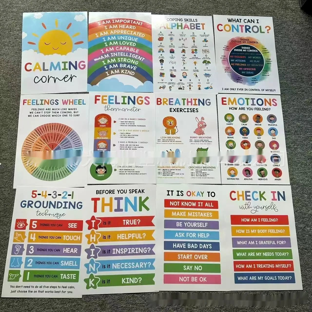 Calm corner poster set with 12 or 16 sheets for classroom decoration, available in 35x25cm or 42x28cm sizes