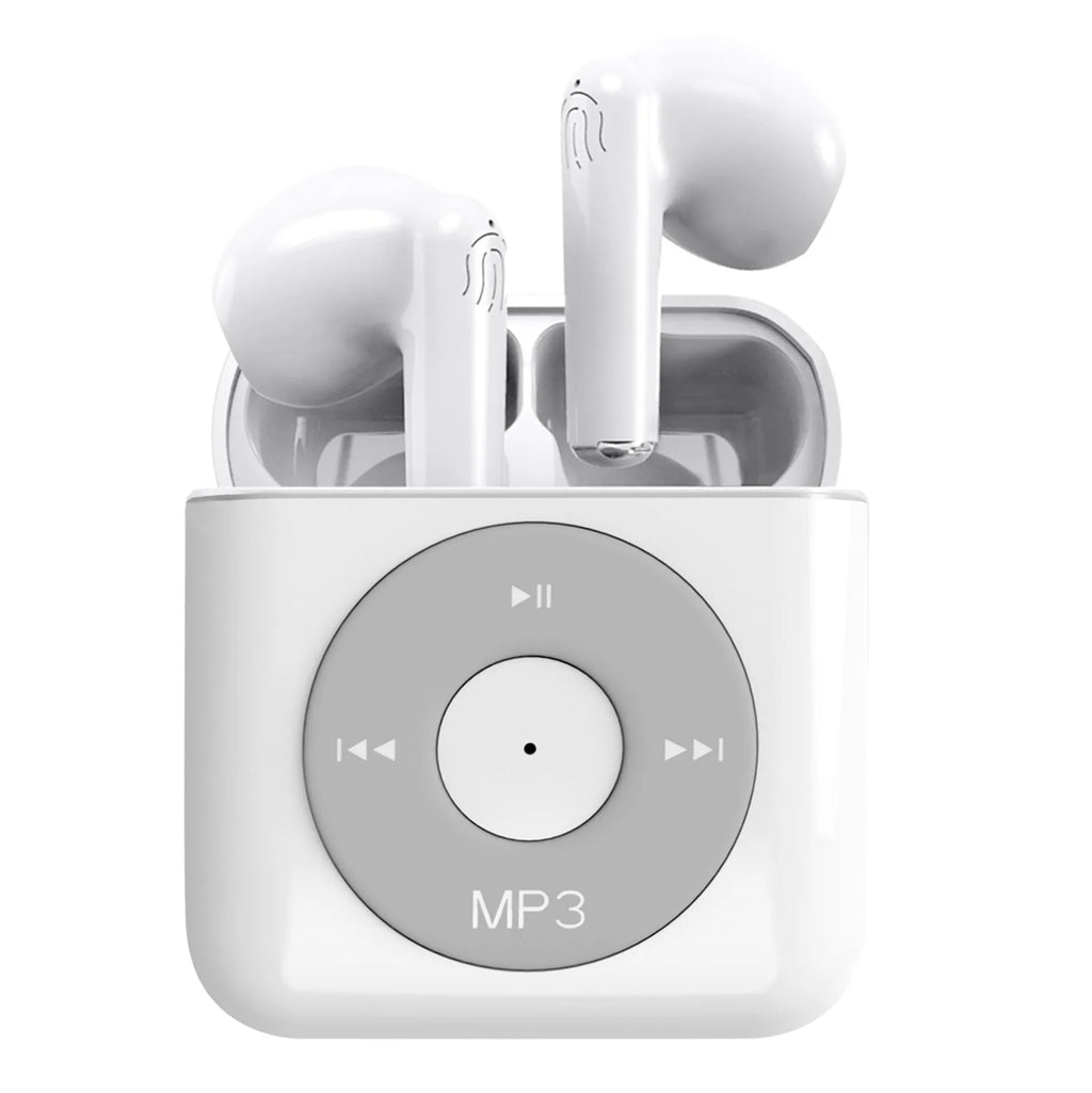 White wireless Bluetooth semi in-ear earphones with charging case on a white background.