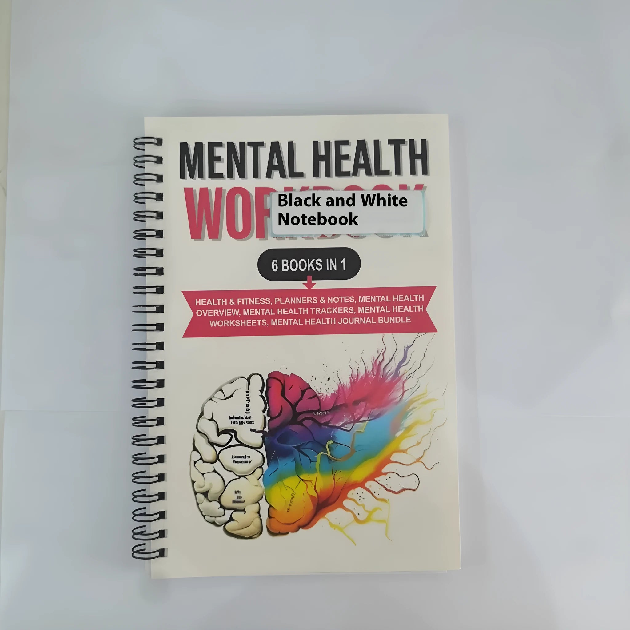 Pink brain mental health planning notepad with coil binding, A5 size, paper cover