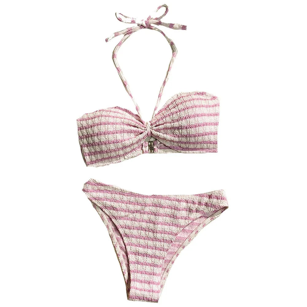 Women's striped bikini swimsuit with brief bottoms in pink or black colours