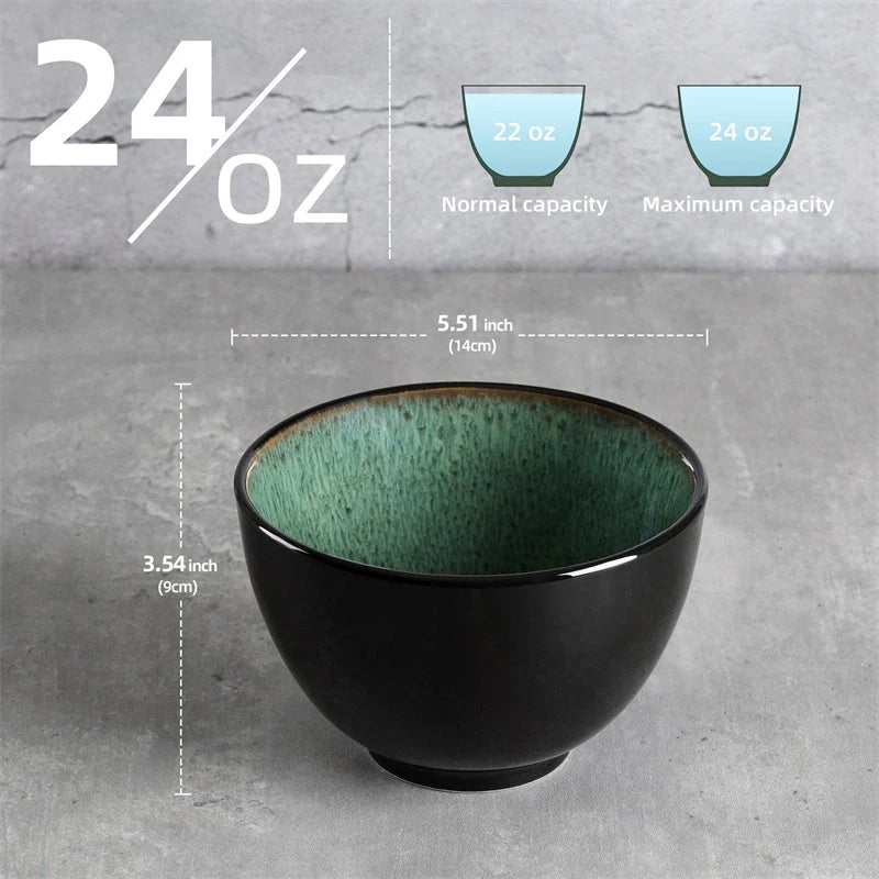 Set of 4 peacock green ceramic bowls, 24oz each, safe for dishwasher, microwave, and oven use