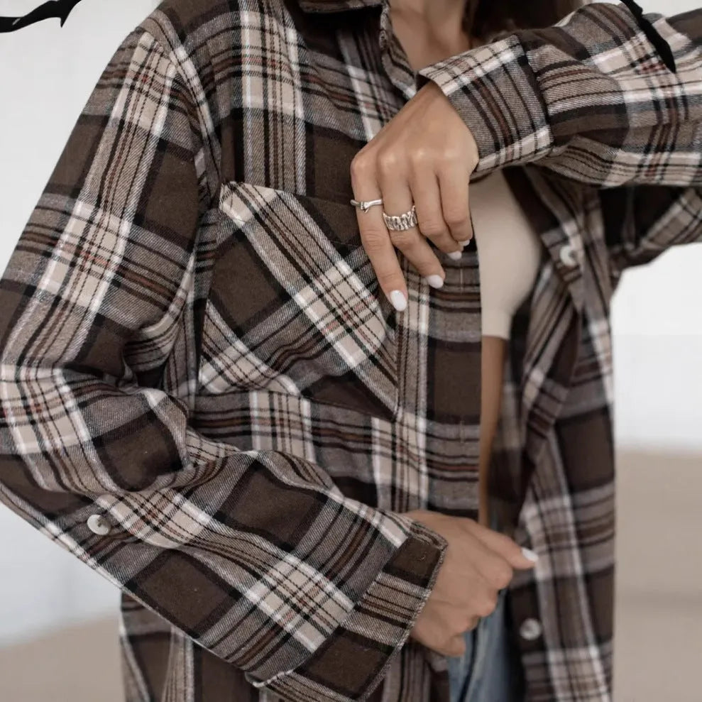 Women's dark brown striped cotton shirt with long sleeves and collaged stitching details