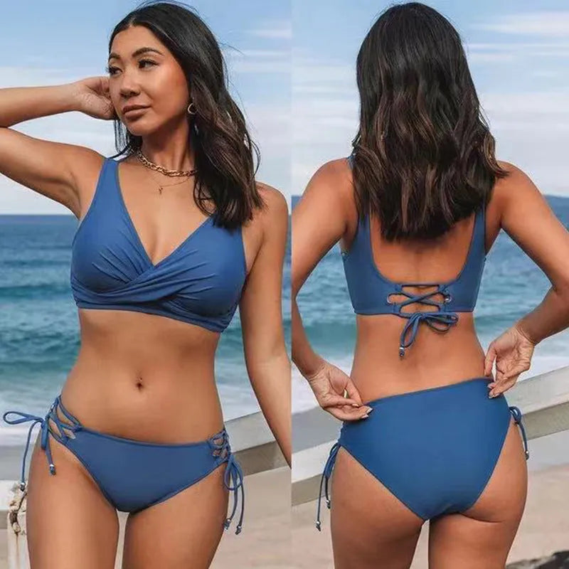 Yellow green women's halter bikini with lace-up front and split high-cut briefs.