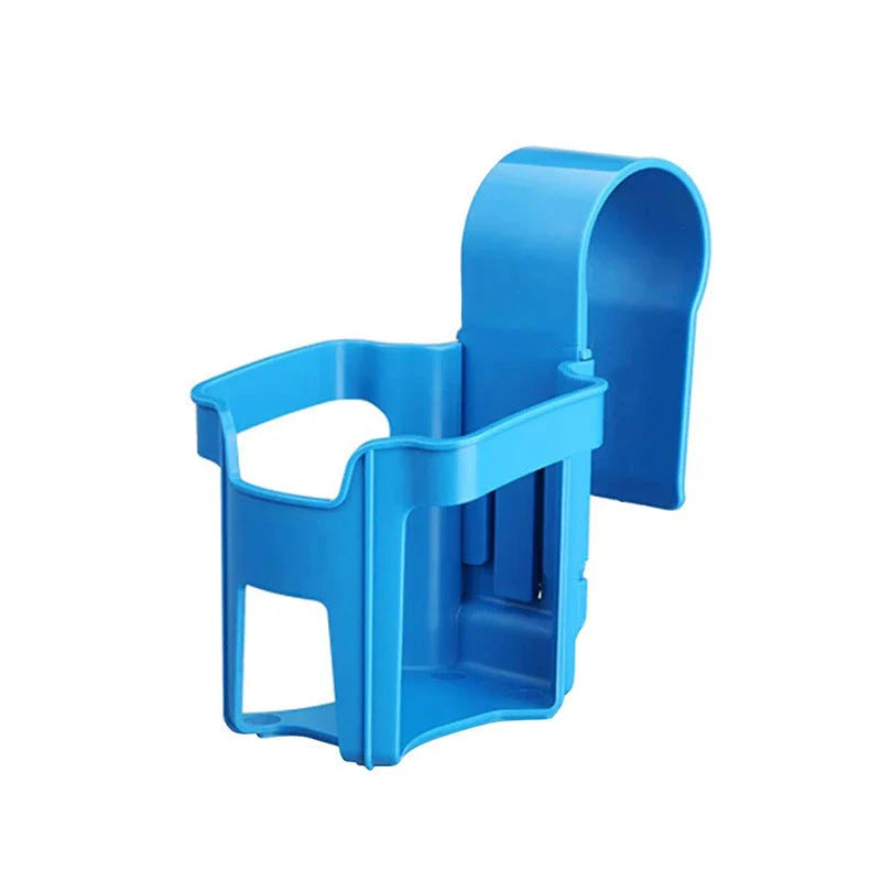 Poolside drink holder securely clipping onto the side of an above-ground swimming pool, holding a variety of cup sizes for refreshing beverages