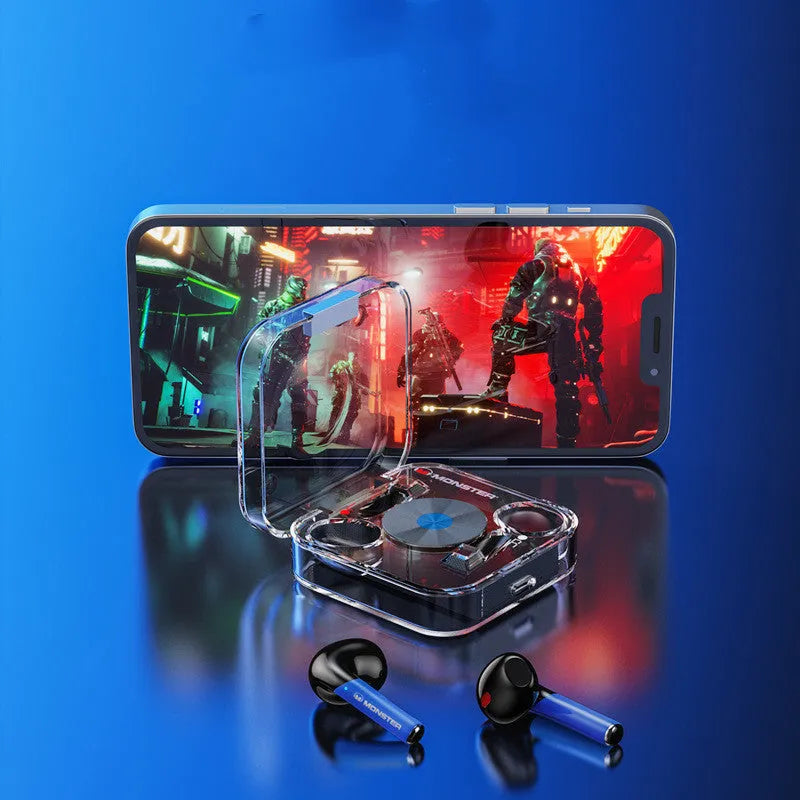 Wireless Bluetooth headphones in transparent black colour with earplug design.