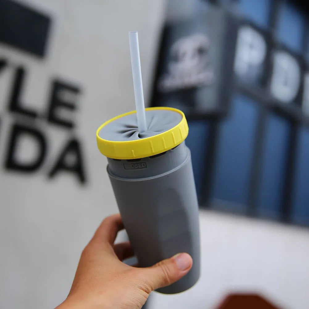 Cartoon pattern double-wall insulation travel tumbler with twist-top silicone seal and straw