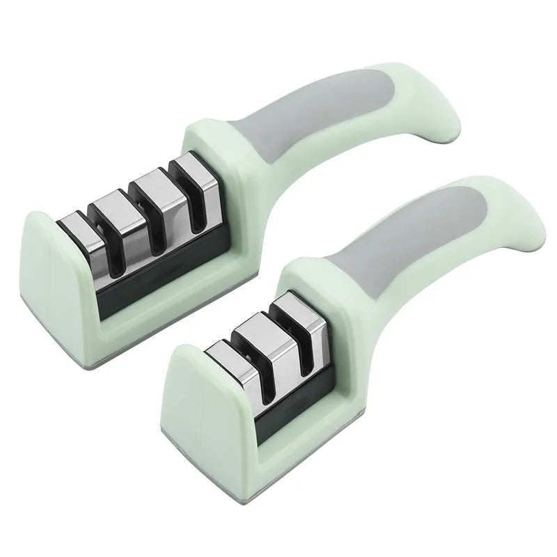 Multi-function kitchen knife sharpener with two-stage mouth colour box, ABS and TPR body, stainless steel and tungsten steel slots
