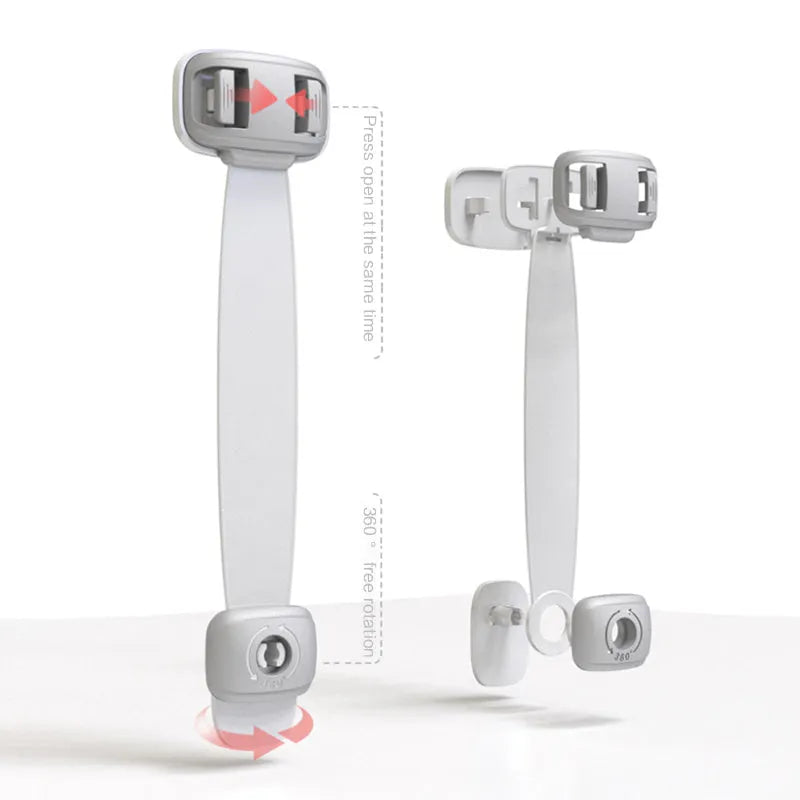 Adjustable child safety lock with strap shown securing a cabinet door using 3M adhesive