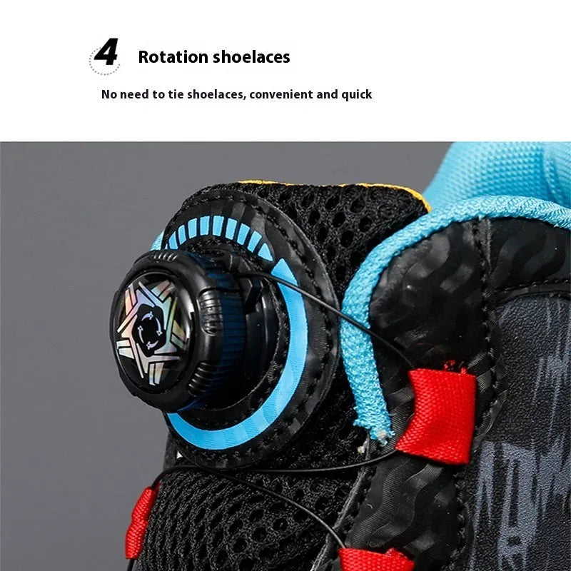 Boys rotating button basketball running shoes in black, available in youth and children's sizes.