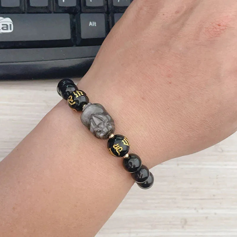 Men's silver stone bracelet with zodiac symbols and Chinese proverbs on black background