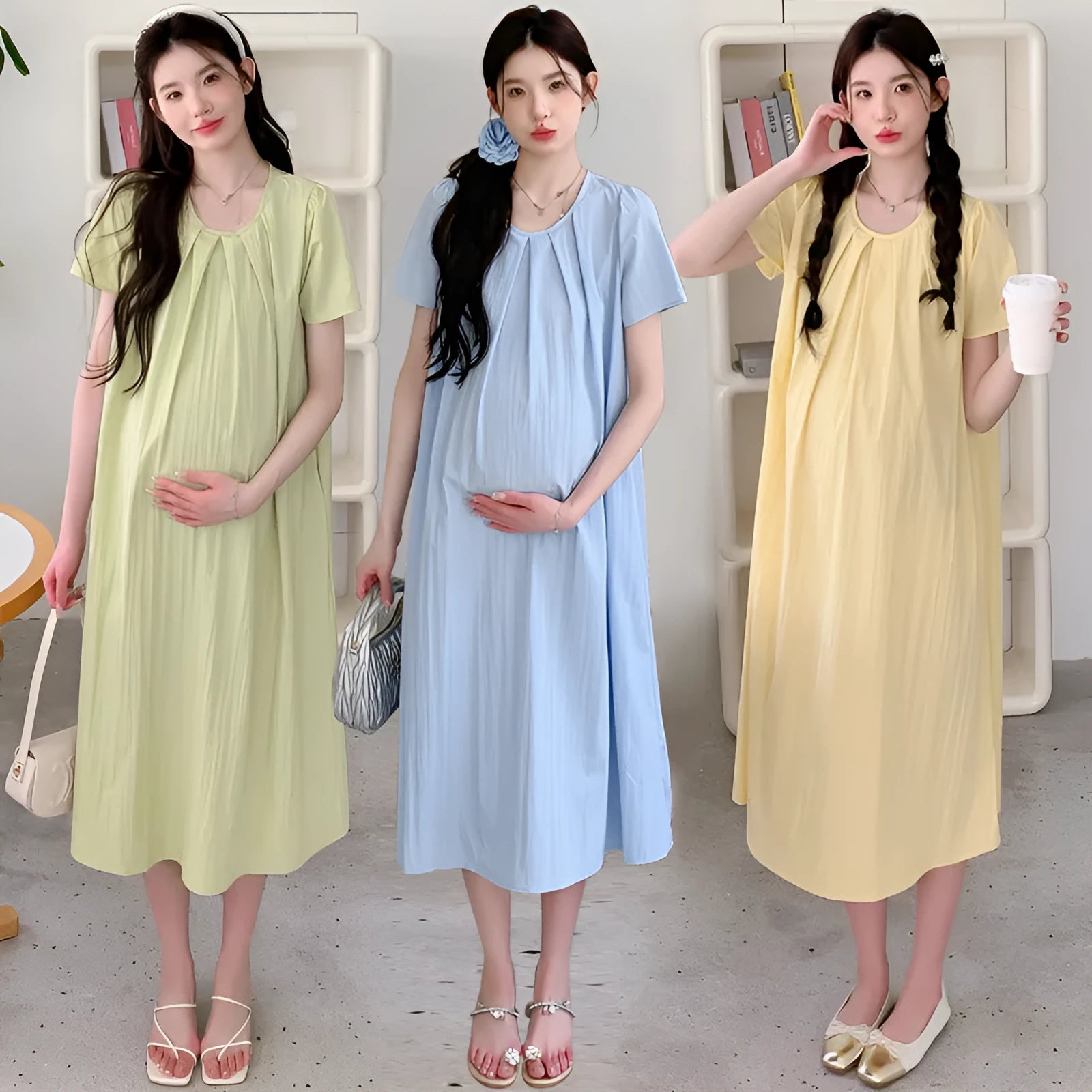 Loose summer maternity dress in sky blue with petal sleeves and nine-quarter length sleeves, street fashion style