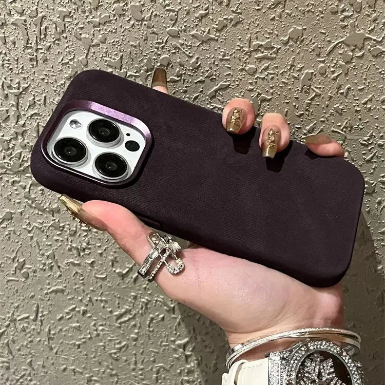 Silver grey magnetic velvet hard case for Apple iPhone, showing front view and magnetic ring detail.