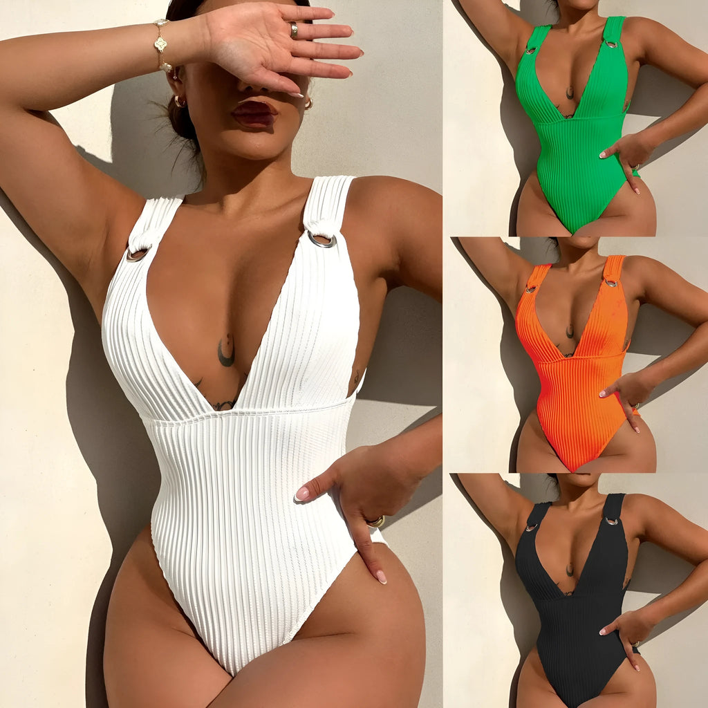 Women's solid colour one-piece swimsuit on a hanger, shown in black, white, green, and orange colour options.