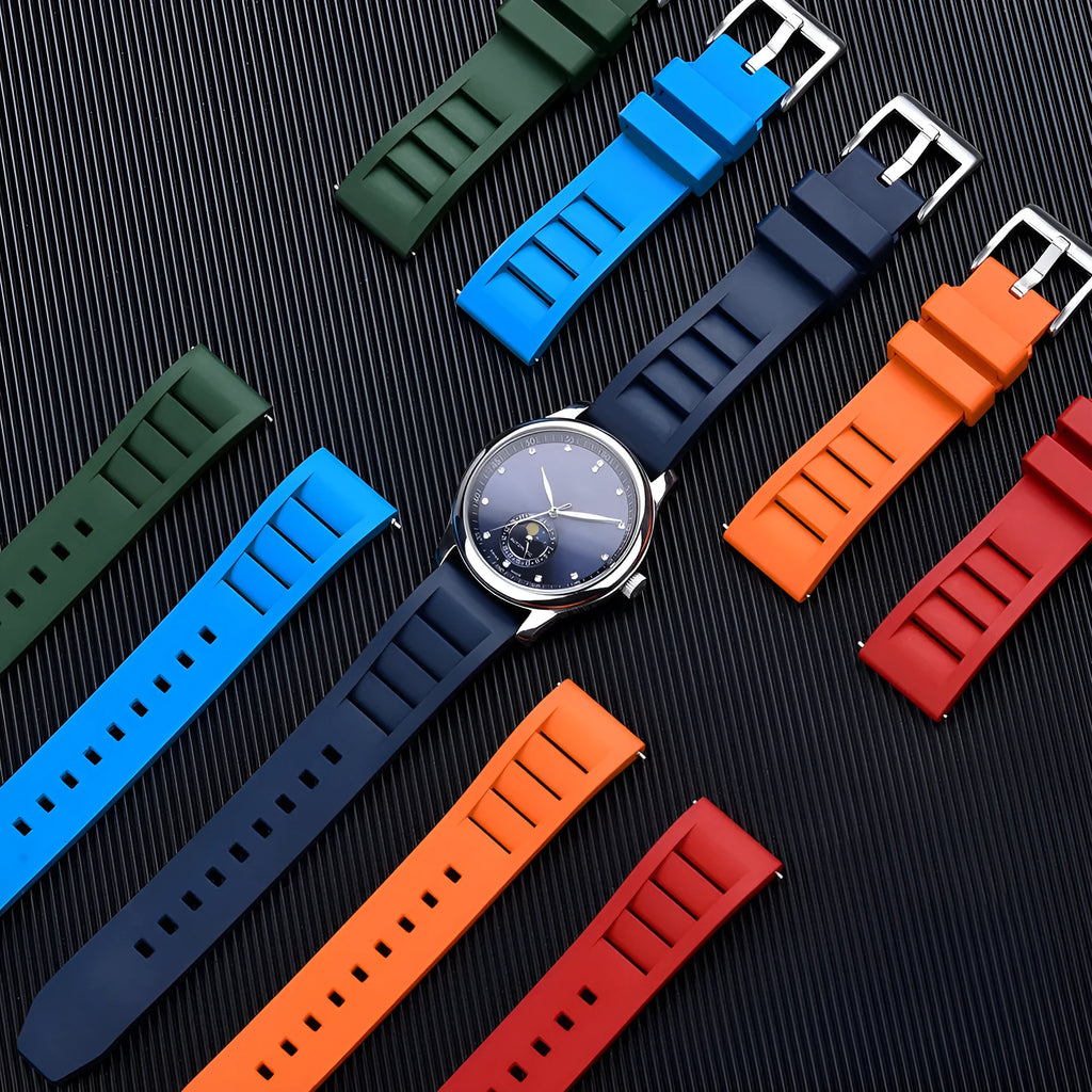 Breathable fluororubber watch strap in black, 22mm width, with wind disassembly design