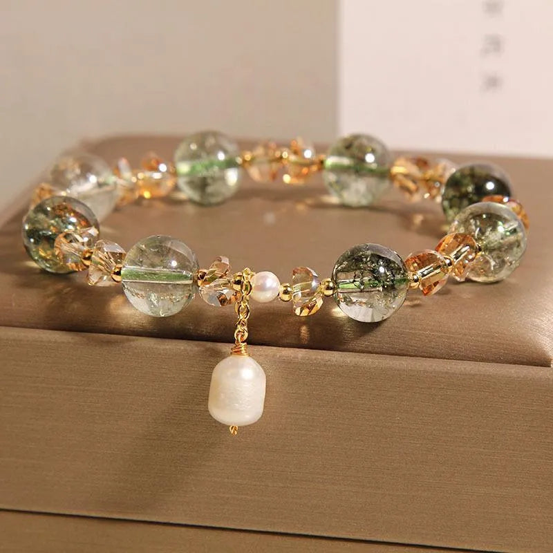 Green phantom quartz crystal bracelet with champagne gravel accents in Japanese Korean style