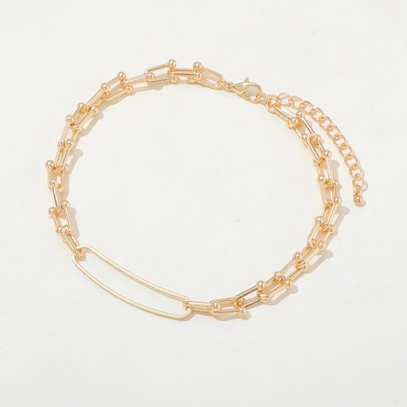 Retro U-shaped double-layer metal chain tag necklace with sparkling rhinestone pendant