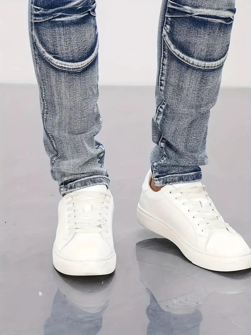 Retro casual stretch motorcycle jeans for men in light blue cotton denim, mid waist skinny fit with zip placket