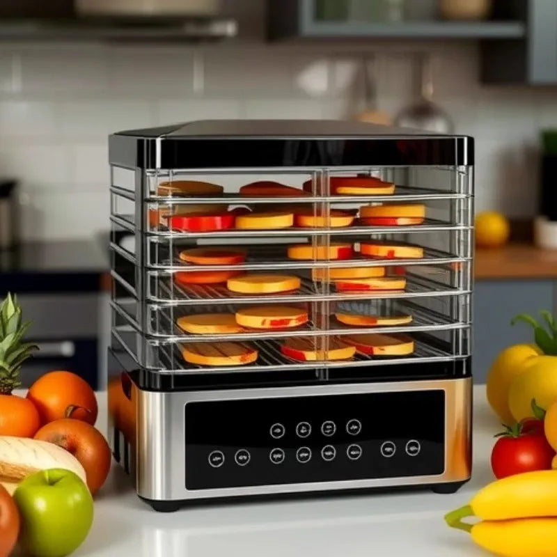 Silver stainless steel food dehydrator with 14 litre capacity and temperature control dial