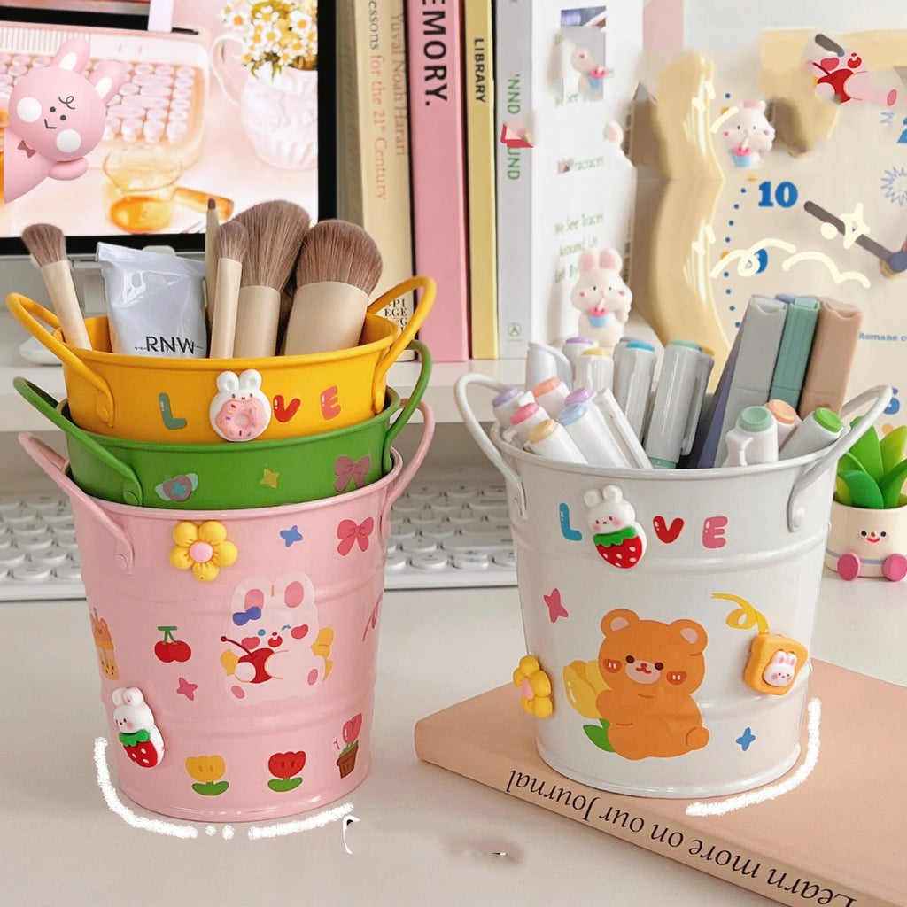 Metal round pen holder in multiple colours with decorative sticker patch options