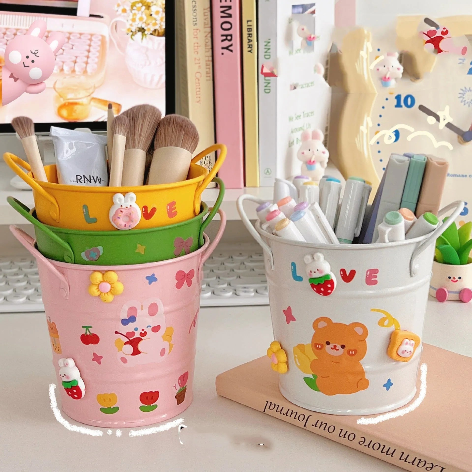 Metal round pen holder in multiple colours with decorative sticker patch options