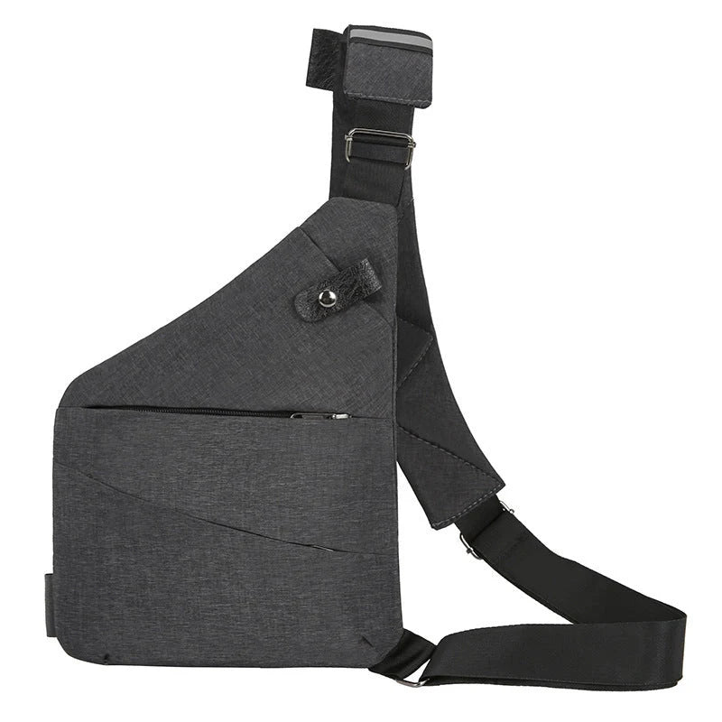Men's multifunctional shoulder bag in dark grey and black, featuring breathable canvas material and multiple compartments.