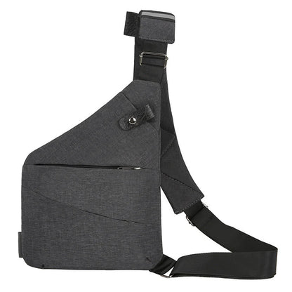 Men's multifunctional shoulder bag in dark grey and black, featuring breathable canvas material and multiple compartments.