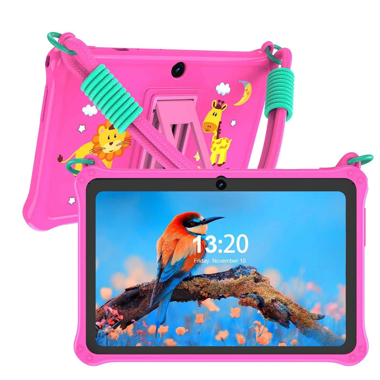 Sapphire blue silicone protective case for a 7-inch children's device with a flat strap, shown with included screen film and cable.