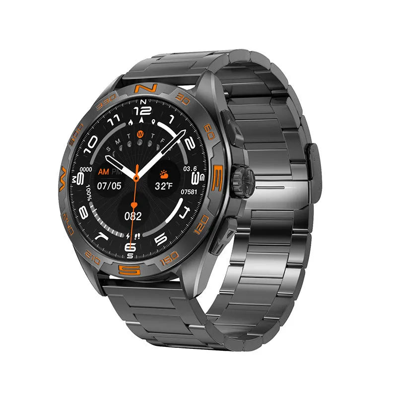 Black steel smart watch for men showing display with heart rate and Bluetooth calling icons.
