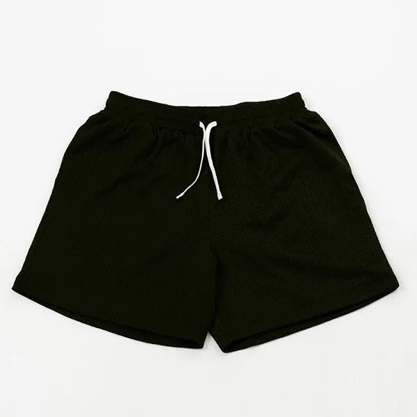Men's solid colour mesh quick-drying running shorts in black, shown on a hanger.