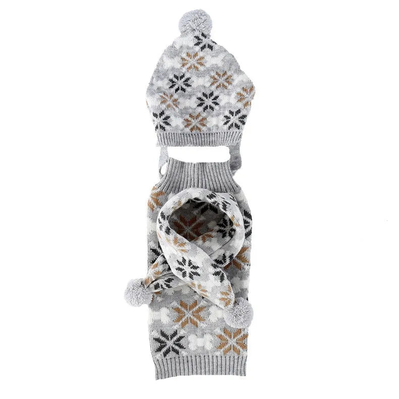Japanese-style retro jacquard pet clothes set with sweater, hat and scarf in coordinated colours