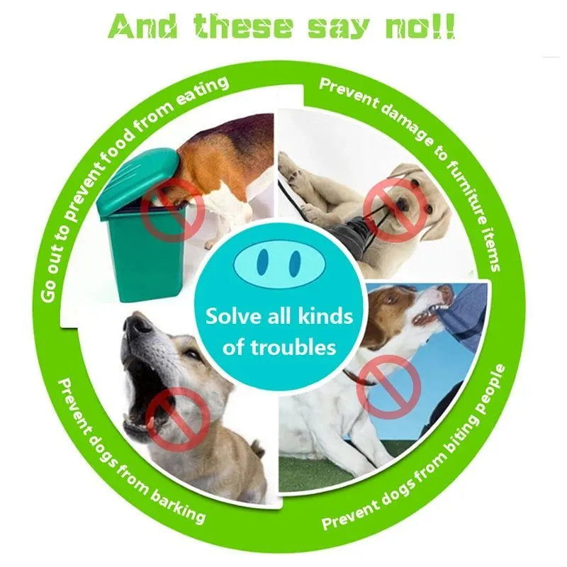 Blue silicone dog anti-bite mouth cover showing measurements for large and small sizing options