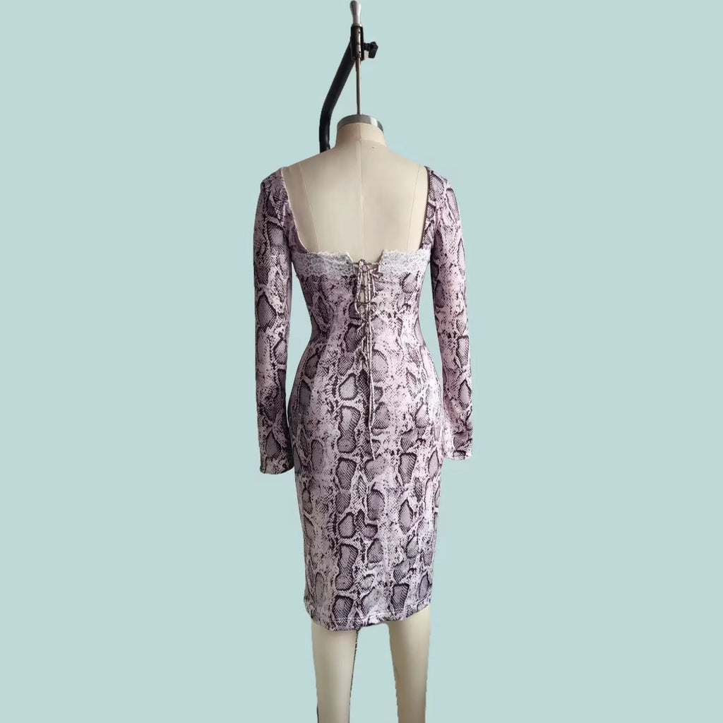 Grey slim fit lace dress with long sleeves and 3D digital printed pattern