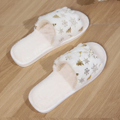 Christmas plush slippers with open-toe design and festive motifs