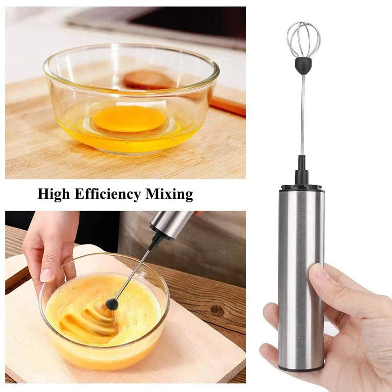 Handheld electric milk frother and blender in silver, with detachable whisk head