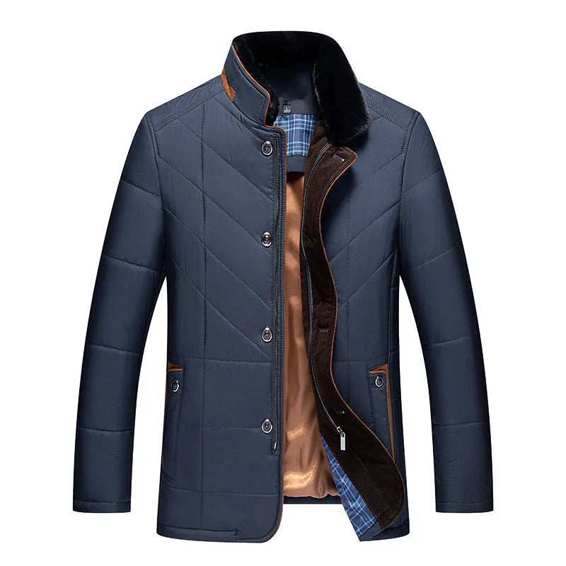 Men's solid colour winter coat with cotton padding and side pockets in dark blue