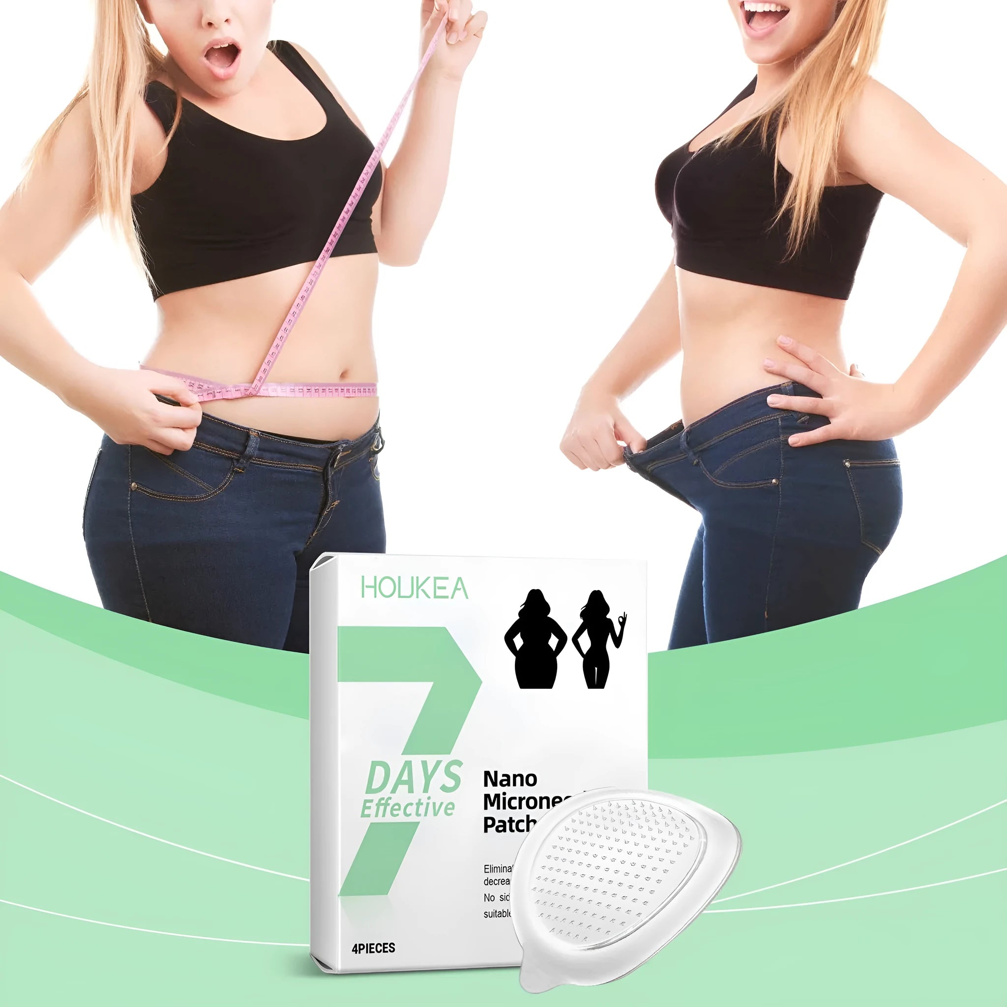 Pack of four slimming nano microneedle adhesive patches on skin.