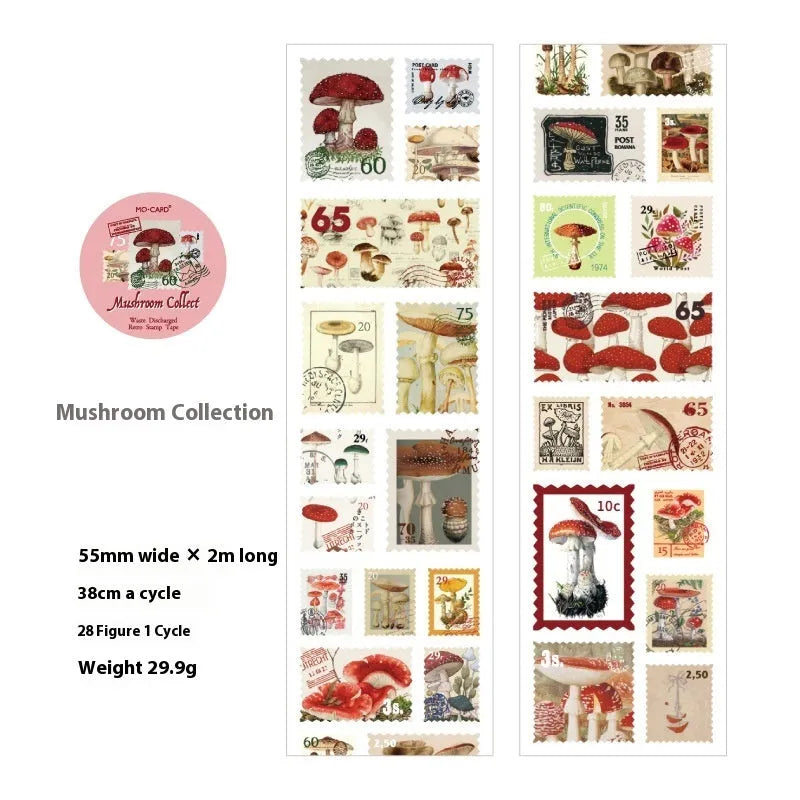 Retro DIY journal decoration coated paper stamp sticker roll showing 55mm width and sample designs from four collections