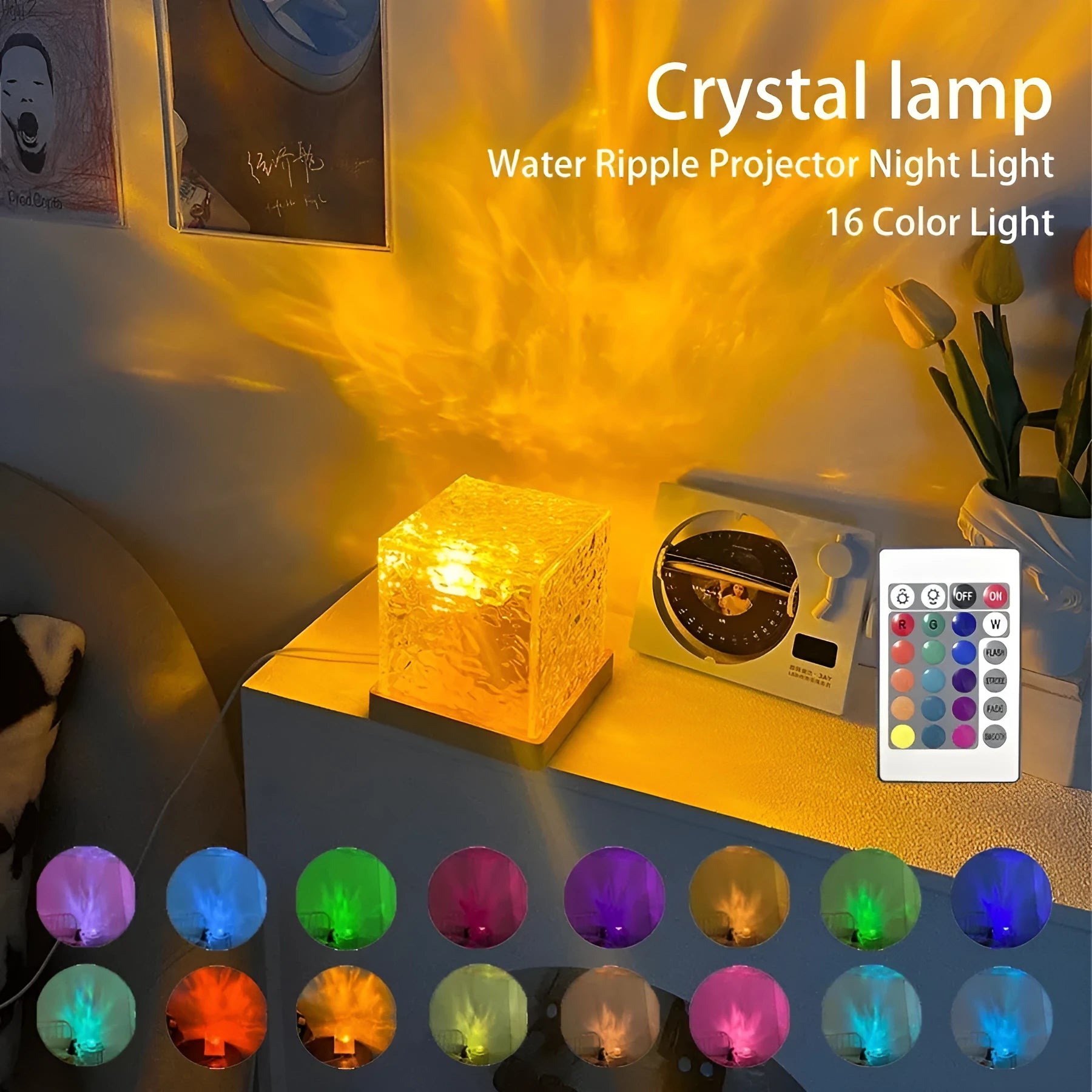 LED water ripple projection night light with remote control on wooden surface