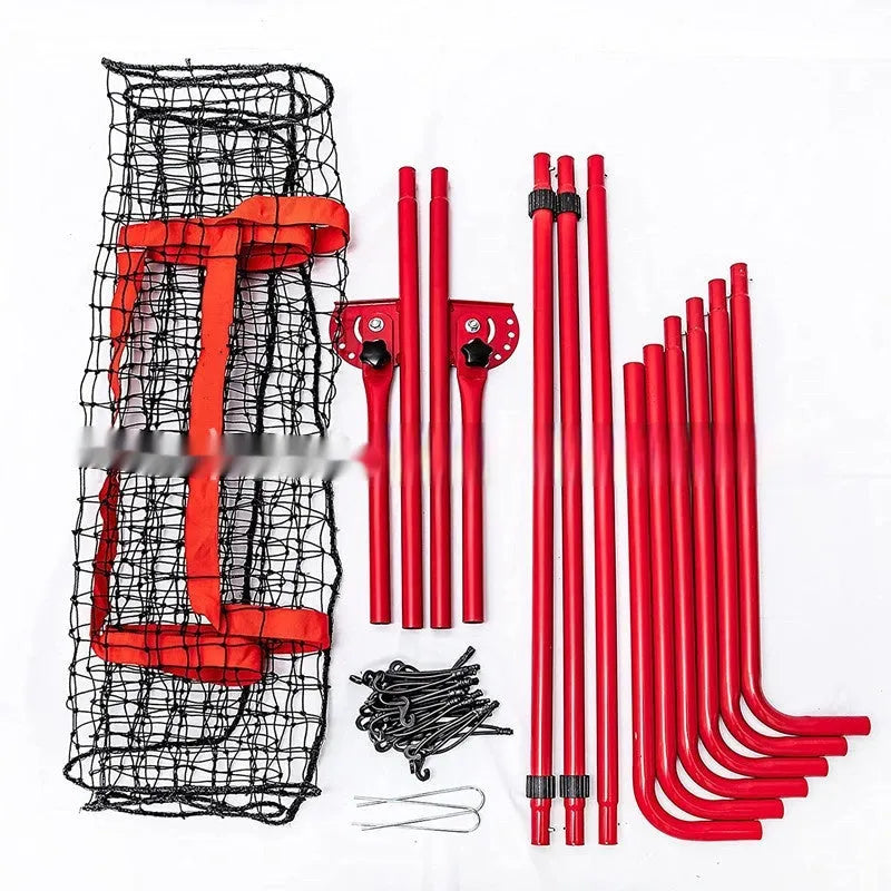 Red 4x6FT portable baseball training net with adjustable metal frame set up on grass.
