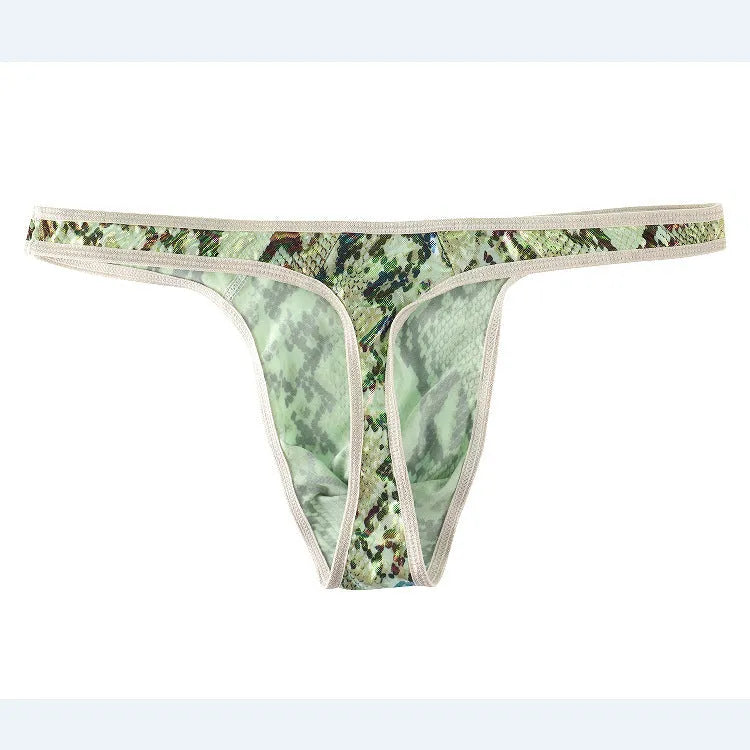 Men's camouflage snake print thong underpants in green colour showing animal pattern design