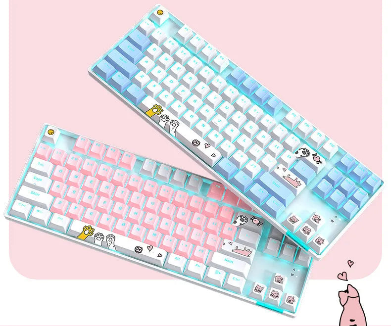 TK916 87-key green shaft RGB mechanical keyboard with metal panel and USB cable, white and pink colour
