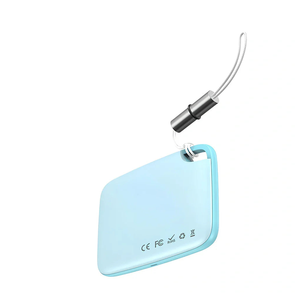 White Bluetooth mini anti-lost pager device, 37x25x6mm size, 5g weight with key attachment loop