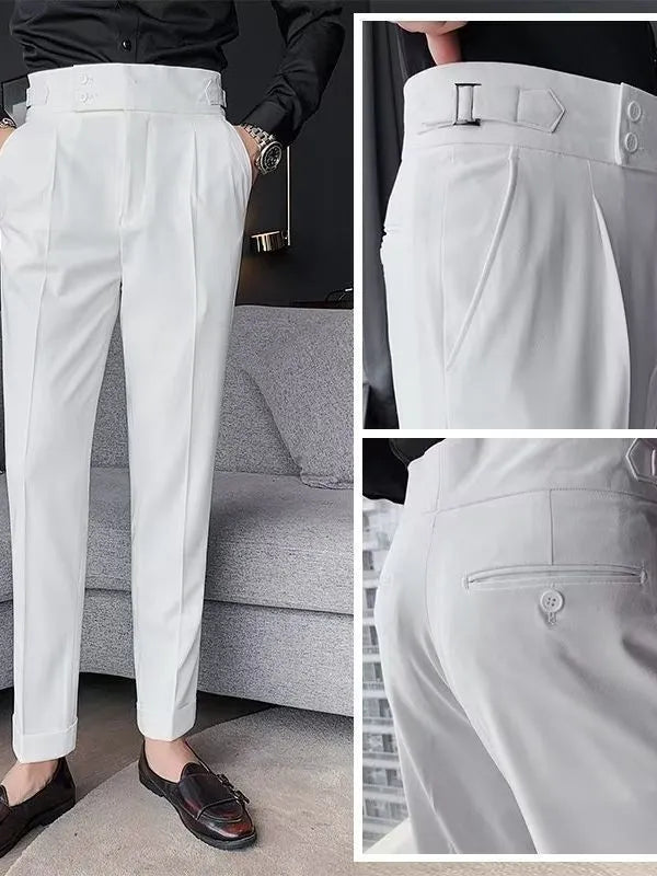 Retro high waist straight-leg trousers in cotton blend fabric showing black, brown, gray, and white colour options