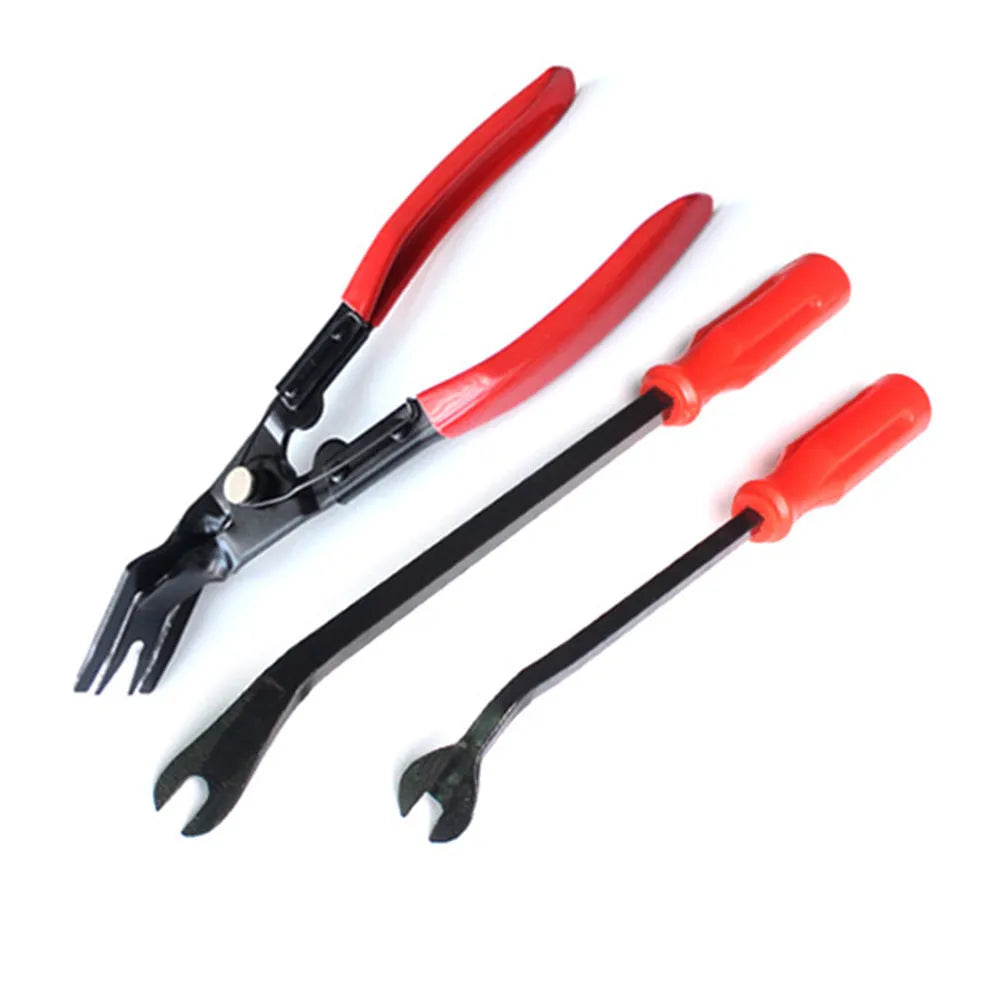 Red-handled automotive clip driver nailing tool for General Motors door panel installation