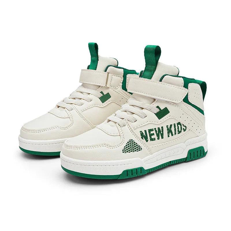 Children's unisex outdoor sneakers with buckle closure and letters pattern in beige green