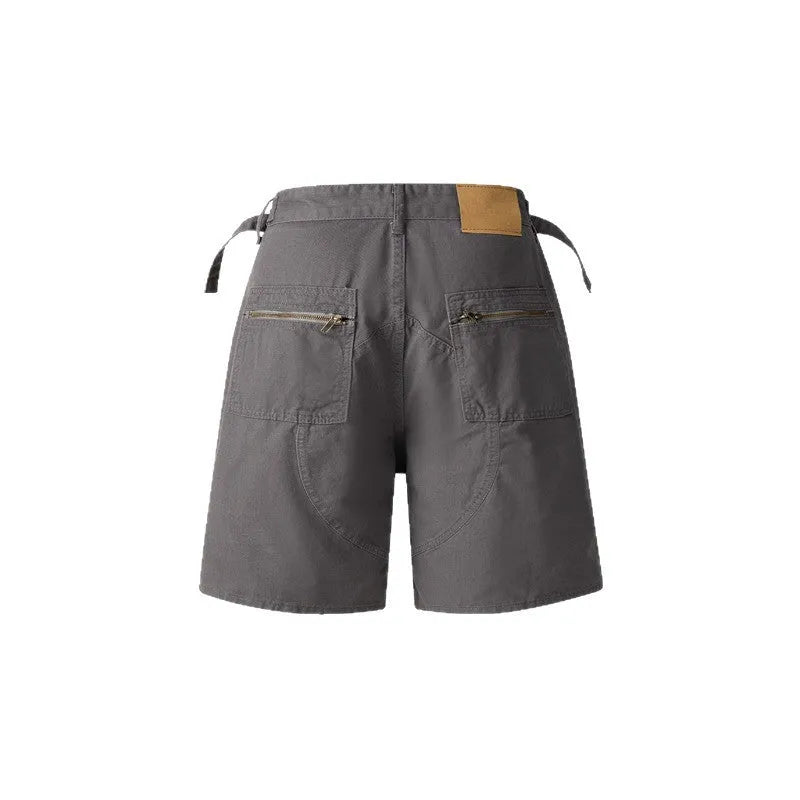 Retro workwear shorts with front zipper in washed cotton cloth, loose fit design