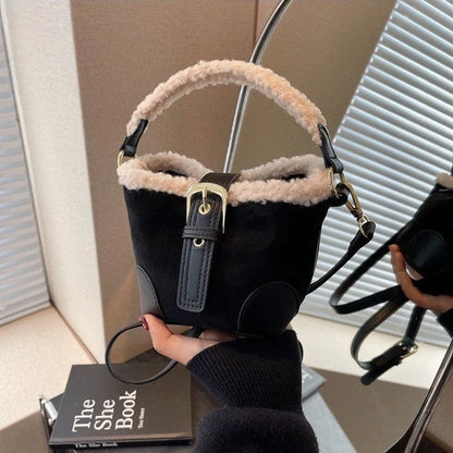 Retro plush crossbody bag for women in black, brown, coffee, and khaki