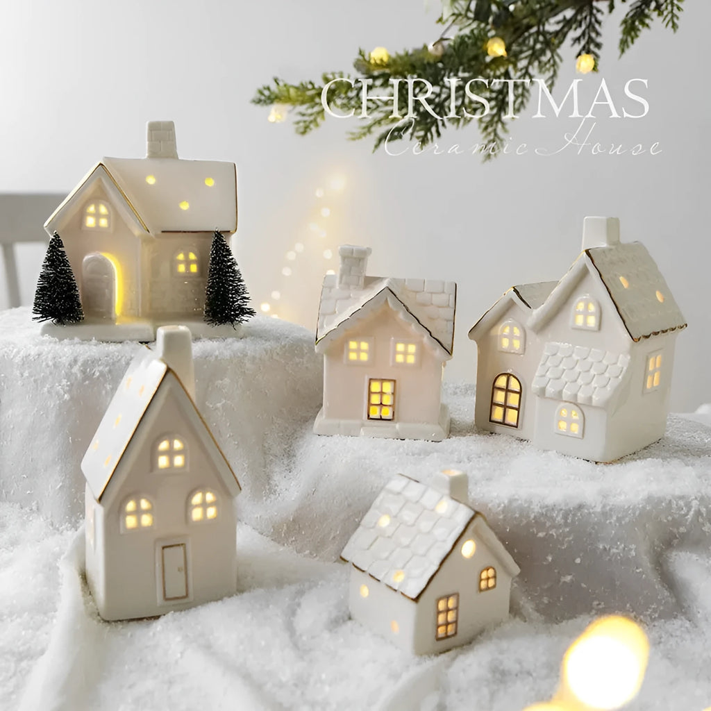 Creative ceramic Christmas tree house ornament in European villa style with open door design
