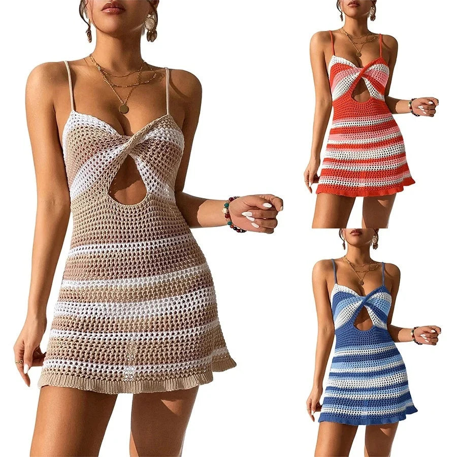 Women's knitted spaghetti strap mini dress with twisted crochet cutout in summer stripes