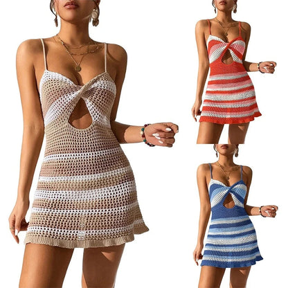 Women's knitted spaghetti strap mini dress with twisted crochet cutout in summer stripes